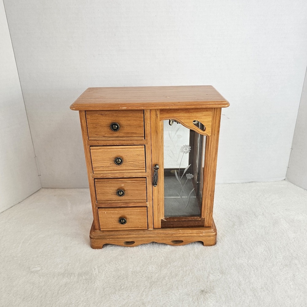 Vintage Wood Jewelry Box Armoire Glass Door Necklace Carousel 4 Drawer Oak
